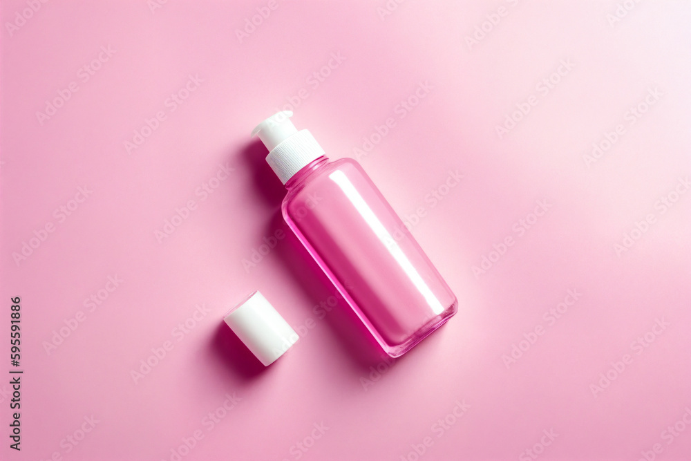 A perfume or a bottle for cosmetics on a pink background. Generative AI. A perfume or a bottle for cosmetics on a pink background. Generative AI.