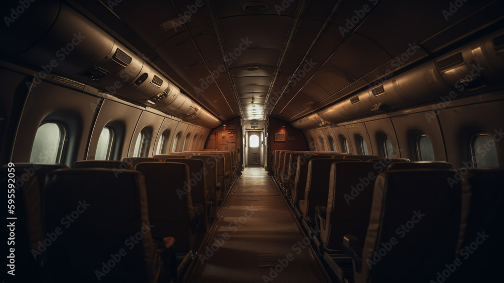 Commercial airplane cabin with rows of empty seats in the aisle. generative AI