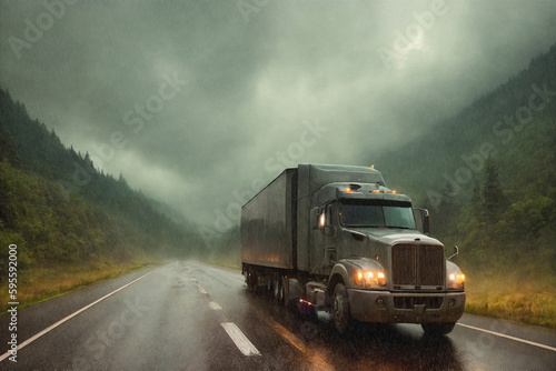 A truck is driving on the road. Dark dramatic landscape with forest as background, gloomy sky, rainy clouds. Generative AI. © soleg