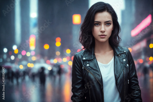 Portrait of a beautiful woman on the street of the night city with neon lights, rainy weather. Generative AI.