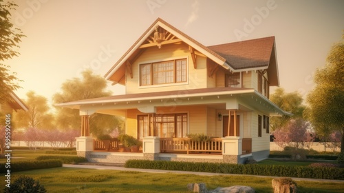 Bungalow exterior house design in daytime golden hour generative ai © Hixel