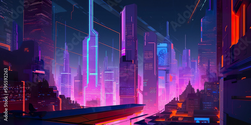 A futuristic city at night with neon lights. AI generative image photo