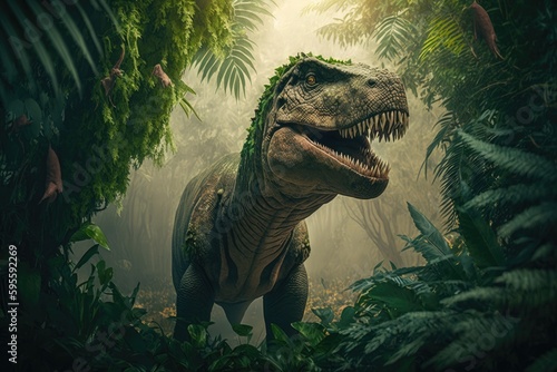 tyrannosaurus rex in dense jungle  surrounded by lush greenery  created with generative ai