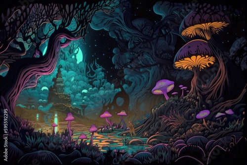blacklight and uv-reactive painting, depicting mystical or fantastical scene, created with generative ai