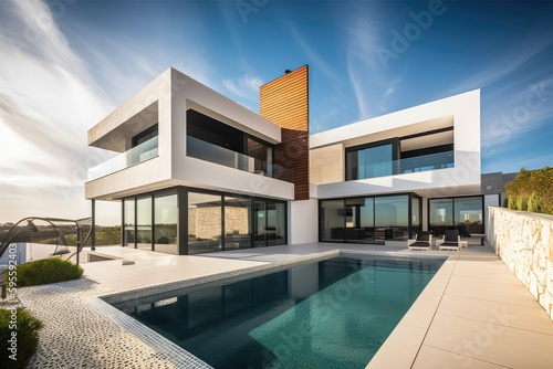 luxurious and modern villa with swimming pool and sun deck, created with generative ai © Natalia