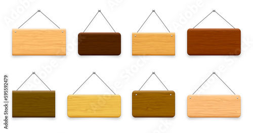 Wooden hanging signboards. Made of wood door sign for cafe, restaurant, bar or retail store. Announcement banner, information signage for business or service. Vector illustration