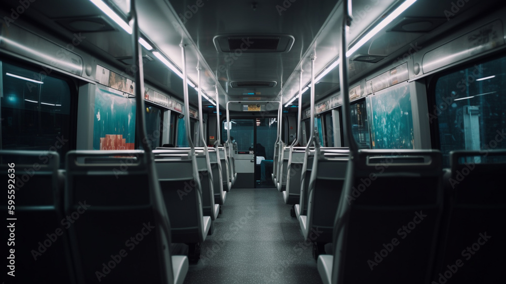 Commercial airplane cabin with rows of empty seats in the aisle. generative AI