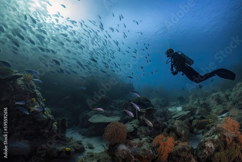 diver surveying the reef, surrounded by schools of fish, created with generative ai