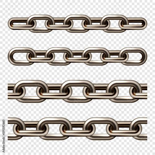Realistic brown metal chain with old rusty links. Heavy steel chain for industrial use. Vector illustration