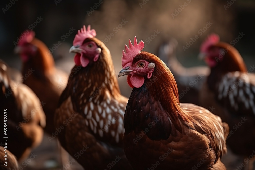 Macro shot of a flock of chickens on a farm, organic chicken farm concept. Ai generative