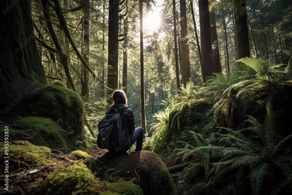 hiker, surrounded by the beauty of the forest, enjoying a peaceful moment, created with generative ai