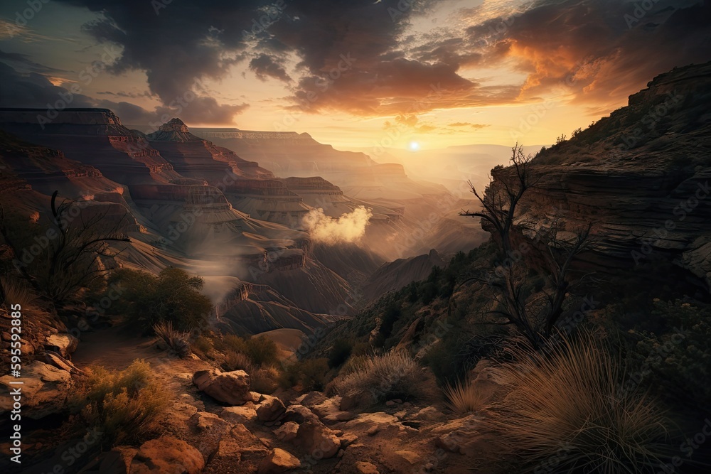 canyon with dramatic sunset in the background, bringing warm and cool tones to the scene, created with generative ai