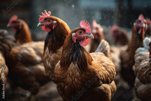 Macro shot of a flock of chickens on a farm, organic chicken farm concept. Ai generative