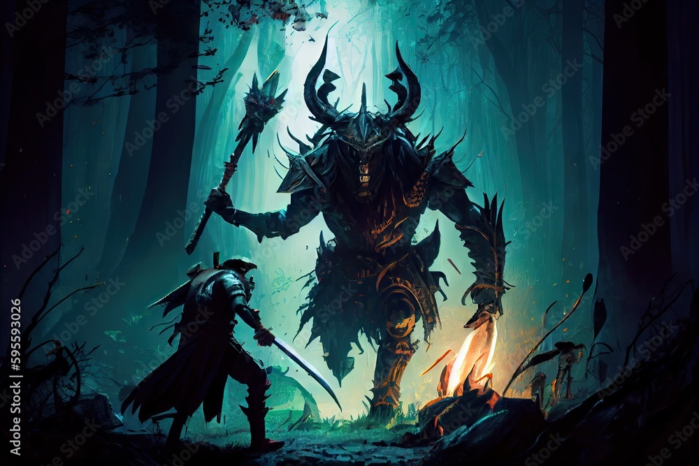 warrior, armed with spear and shield, fights off menacing monster in dark forest, created with generative ai warrior, armed with spear and shield, fights off menacing monster in dark forest, created with generative ai