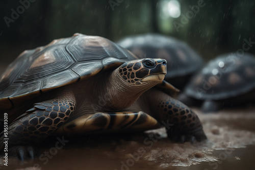 Macro shot of a Turtle near the river during rain. generative AI
