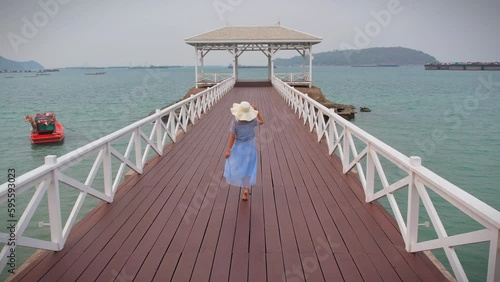 Aerial view of wood waterfront pavilion in Koh si chang island, Thailand. AsDang Bridge. photo