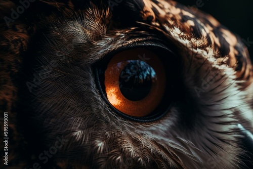 A closeup of the eye of a European Eagle Owl in daylight. Generative AI