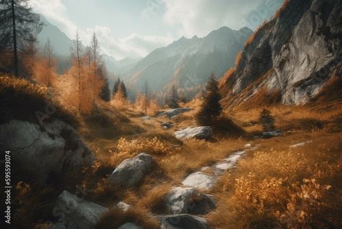 Autumn scenery beckoning exploration in the mountains. Generative AI