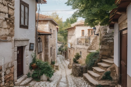 picturesque village with artfully preserved historical structures and architectural details, created with generative ai