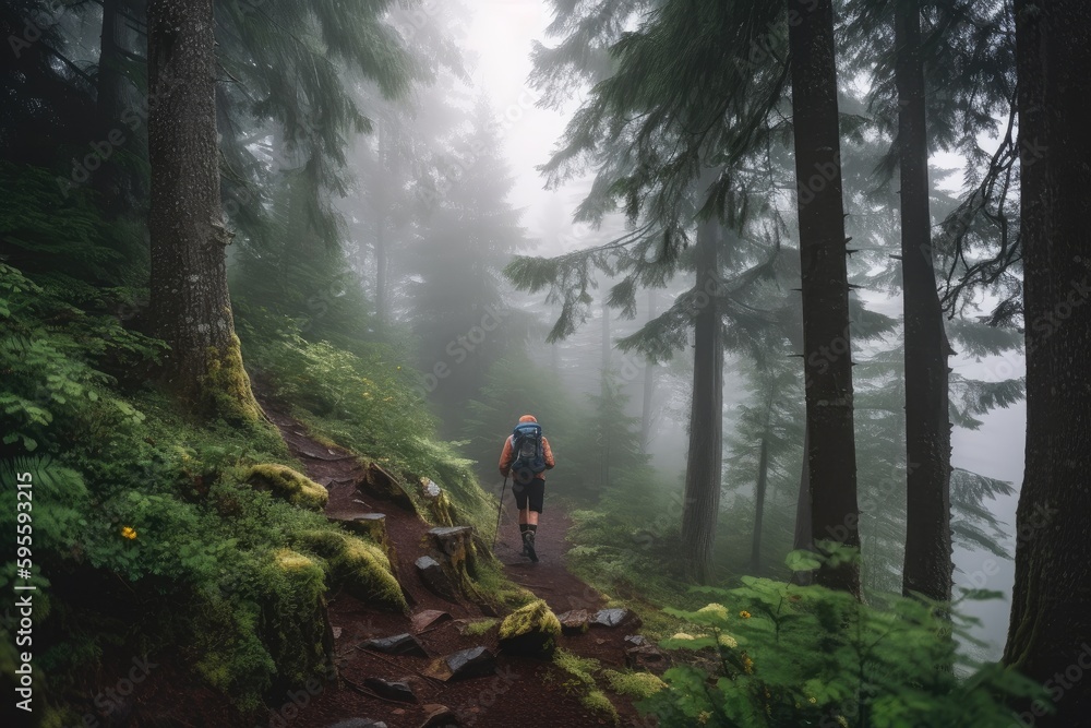 hiker on a misty trail, surrounded by towering trees, created with generative ai hiker on a misty trail, surrounded by towering trees, created with generative ai