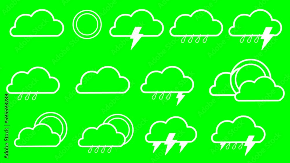 Animation video with various weather forecast icons with green chroma key on background.