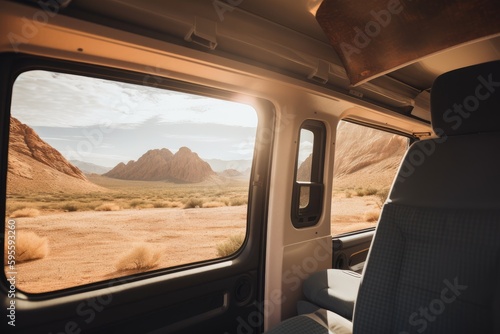 van with large side window, showcasing the vast and beautiful natural landscape, created with generative ai