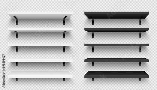 Realistic store shelves with wall mount. Empty product shelf, grocery wall rack. Mall and supermarket furniture, bookshelf. Modern interior design element, room decoration. Vector illustration