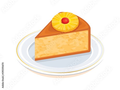 Pineapple Upside-Down Cake vector illustration. Piece of pineapple fruit cake on a plate icon vector isolated on a white background. Slice of pineapple upside down cake drawing