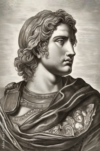 Alexander the Great engraved  portrait who was the son of Phillip II the king of Macedonia who became a great military leader known for his bravery, computer Generative AI stock illustration photo