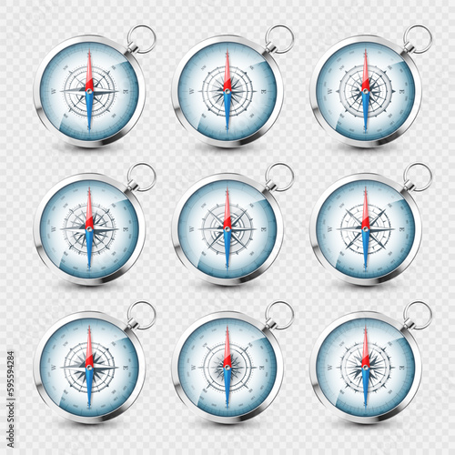 Vintage compass, marine wind rose with cardinal directions of North, East, South, West. Realistic silver navigational compass, shiny metal. Cartography and navigation. Vector illustration.