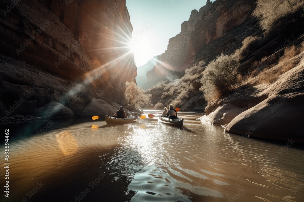 Fototapeta premium outdoorsy couple kayaking through a majestic canyon, with the sun shining and reflections glistening on the water, created with generative ai