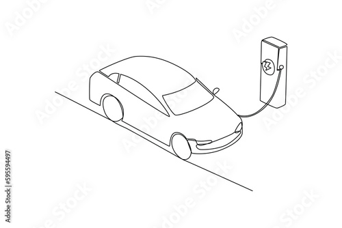 Continuous one line drawing Electric car at charging station. Electric car concept. Single line draw design vector graphic illustration.