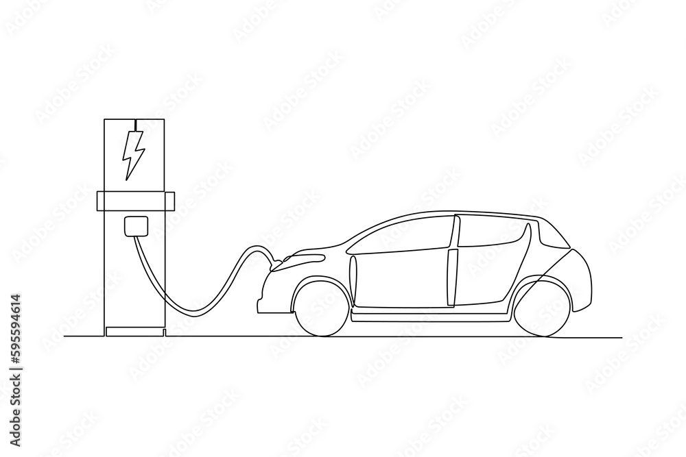 Continuous one line drawing Electric car at charging station. Electric car concept. Single line