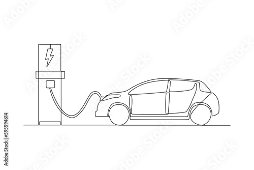 Continuous one line drawing Electric car at charging station. Electric car concept. Single line draw design vector graphic illustration.
