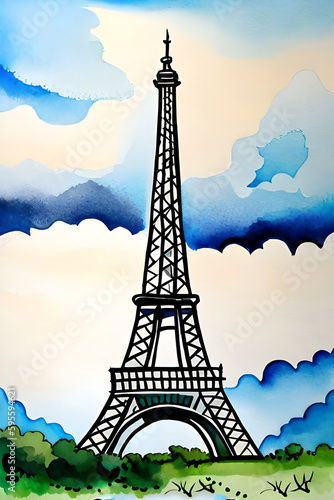 Eiffel Tower watercolour built by Gustave Eiffel in Paris France and is a popular tourist holiday travel destination and landmark attraction  computer Generative AI stock illustration image