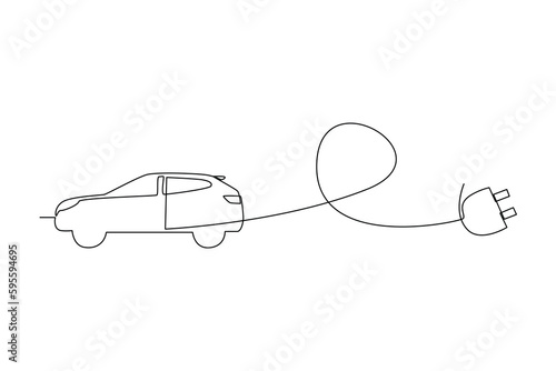 Continuous one line drawing Electric car with plug. Electric car concept. Single line draw design vector graphic illustration.