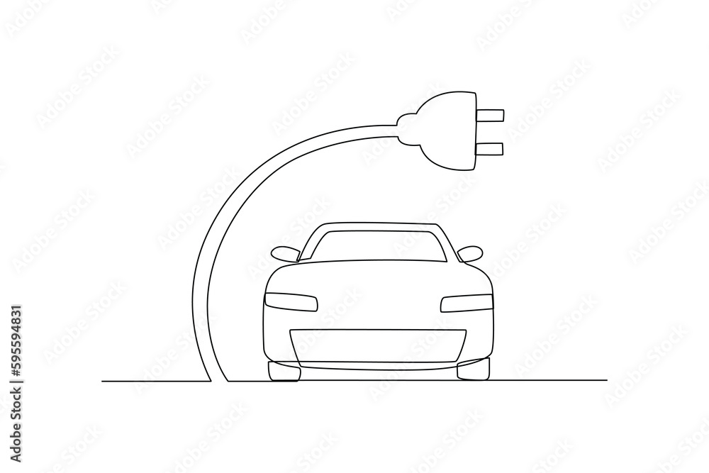 Obraz premium Continuous one line drawing Electric car with plug. Electric car concept. Single line draw design vector graphic illustration.