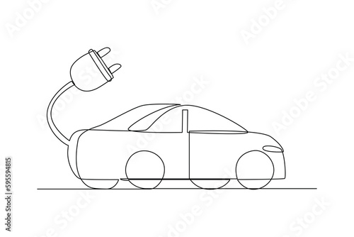 Continuous one line drawing Electric car with plug. Electric car concept. Single line draw design vector graphic illustration.