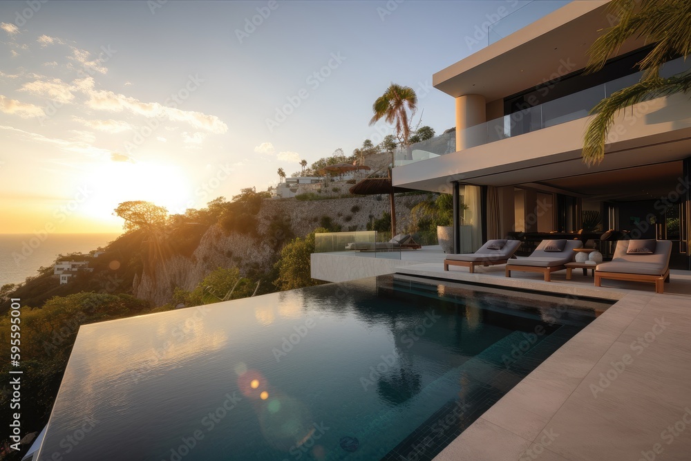 luxury villa with infinity pool & extensive outdoor spaces, created with generative ai