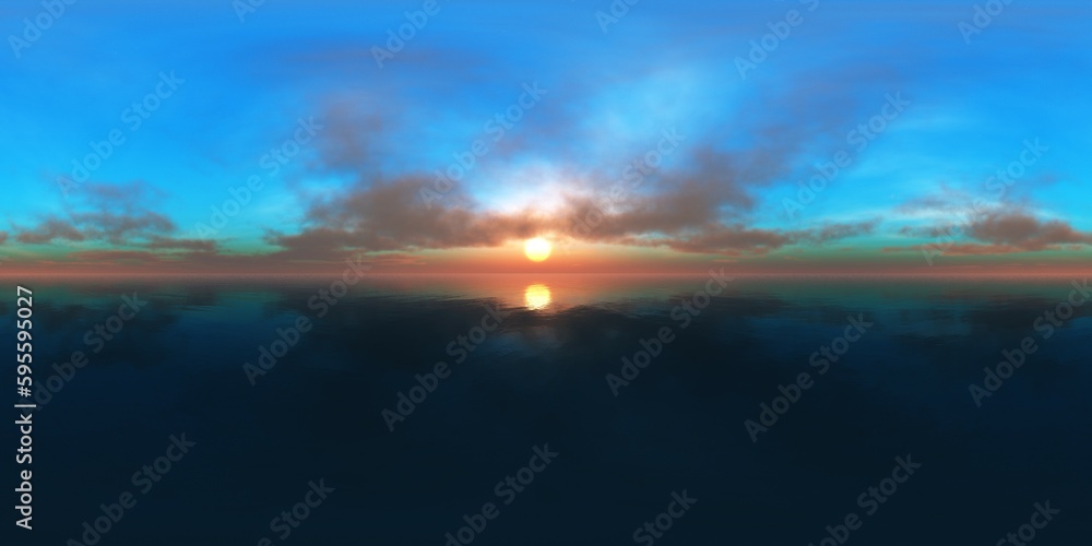 Beautiful sea sunset, HDRI, environment map , Round panorama, spherical panorama, equidistant projection, 360 high resolution panorama , 3d rendering 
