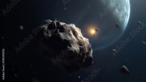 A huge asteroid comet approaching the planet Earth, a collision could cause extinction and annihilation in a catastrophic event for our world, computer Generative AI stock illustration image