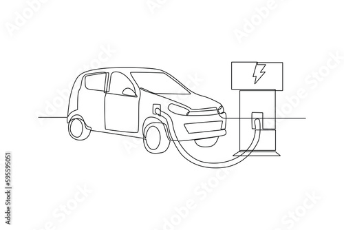 Continuous one line drawing Electric car at charging station. Electric car concept. Single line draw design vector graphic illustration.