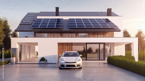 The electric car is charging near the house. A house with solar panels on the roof. Generative AI photo
