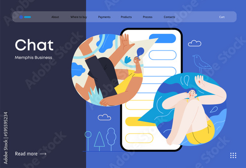 Memphis business illustration. Chat -modern flat vector concept illustration of people chatting in a phone messenger app, conversation, relations. Commerce business sales metaphor.