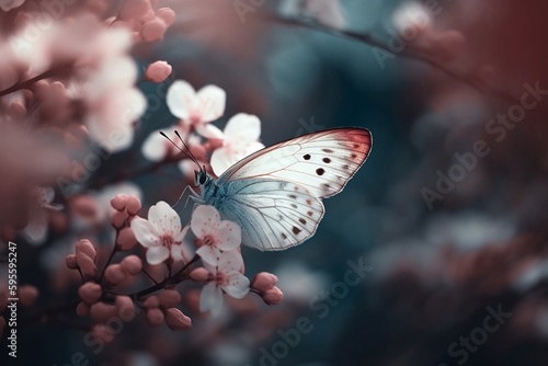 A butterfly sits on a flowering branch of a tree. Spring background. Nature background. Generative AI. © D