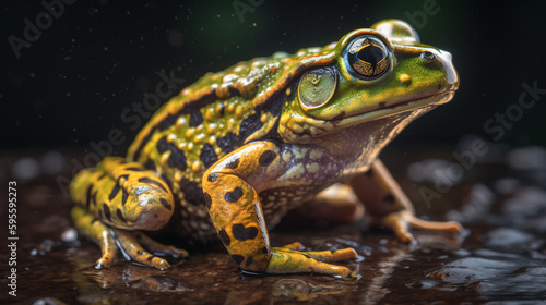 Macro shot of a frog perched on a wooden branch during rain. generative AI © mualtry002