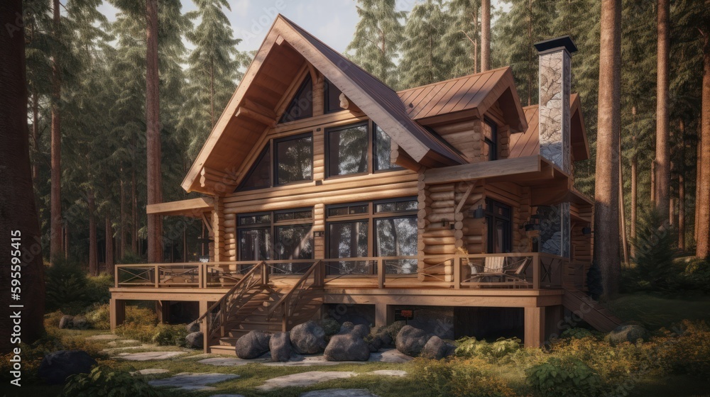 Cabin exteror house design in daytime golden hour generative ai Cabin exteror house design in daytime golden hour generative ai