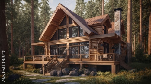 Cabin exteror house design in daytime golden hour generative ai