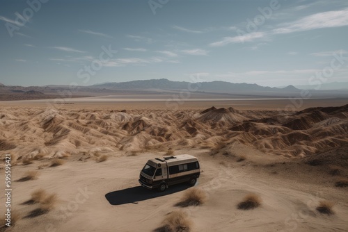 van, surrounded by endless desert landscape, with mountains in the distance, created with generative ai