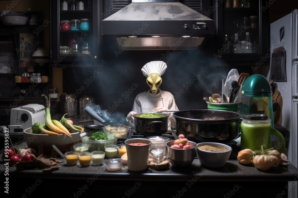 alien chef cooking up unique and delicious culinary creations in a bustling kitchen, created with generative ai